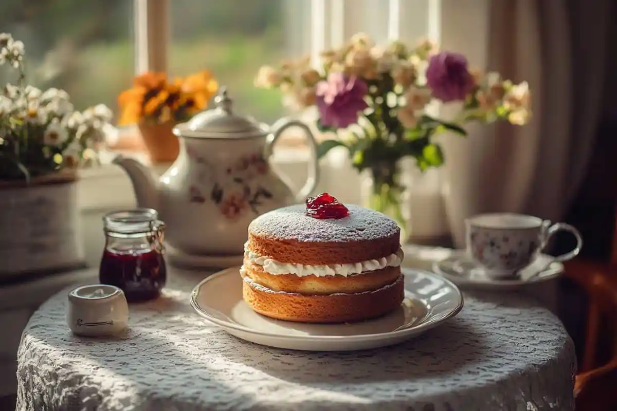 Close-up of a Victoria sponge cake with powdered sugar topping