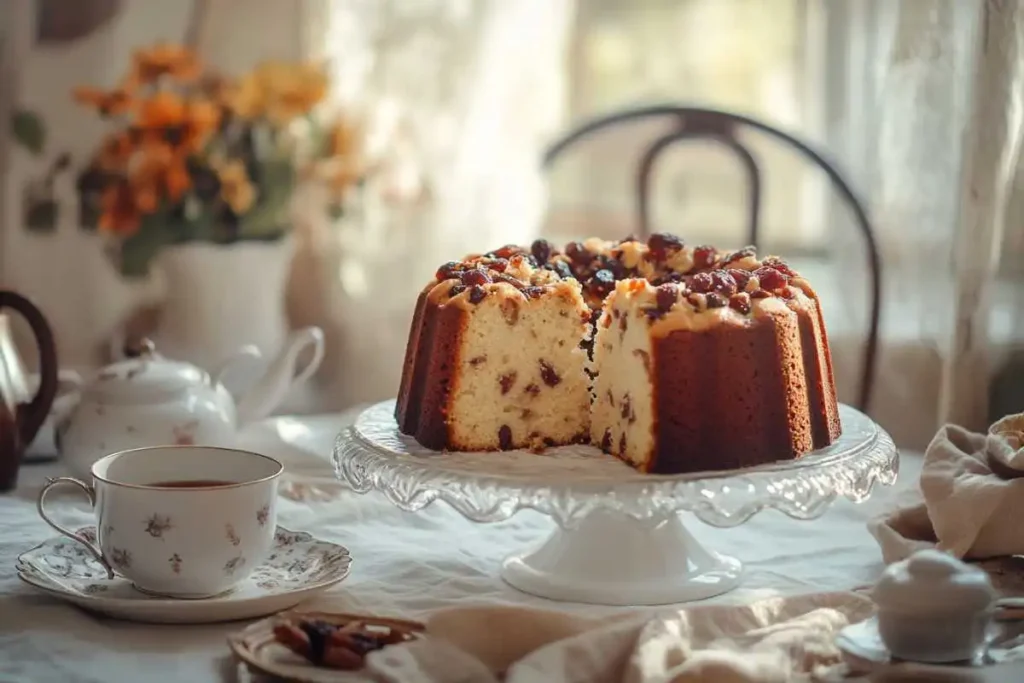 A whole Bishop Cake on a white ceramic plate