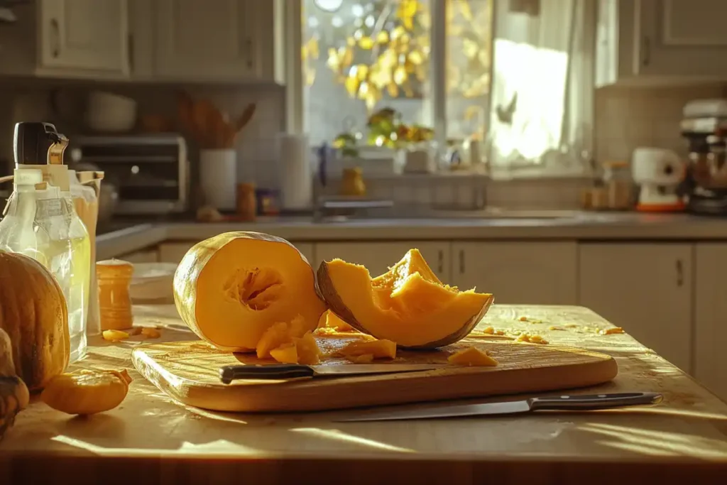 Whole kabocha squash on a kitchen countertop