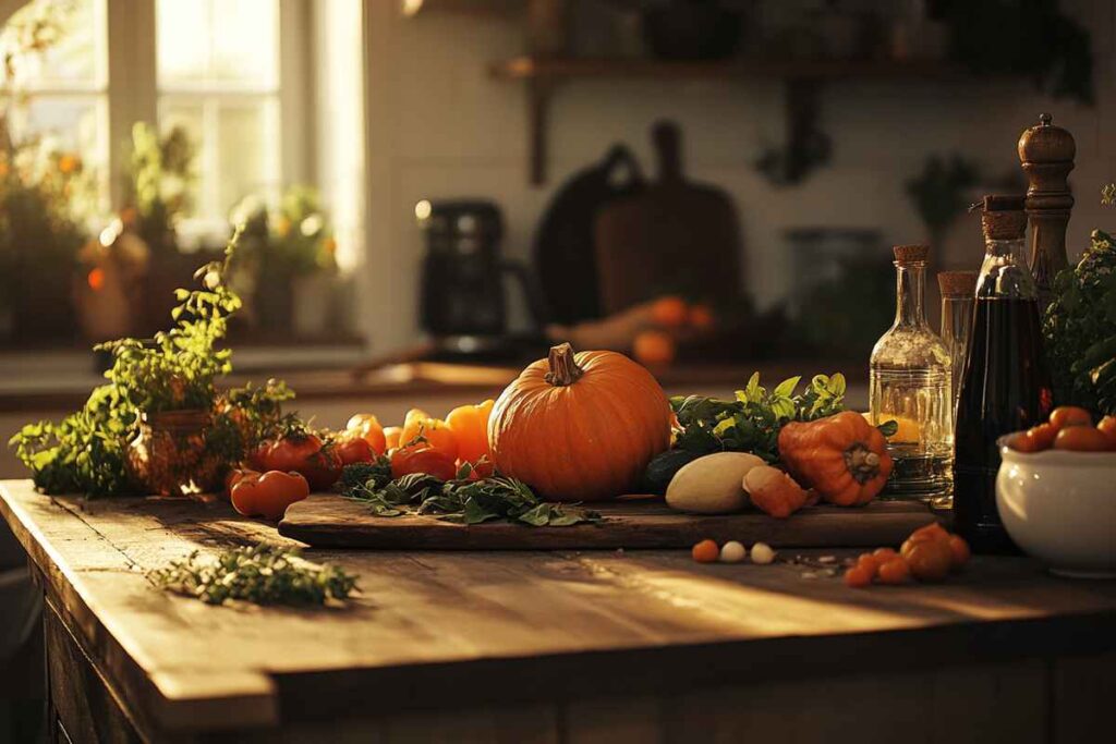 A whole kabocha squash on a wooden countertop