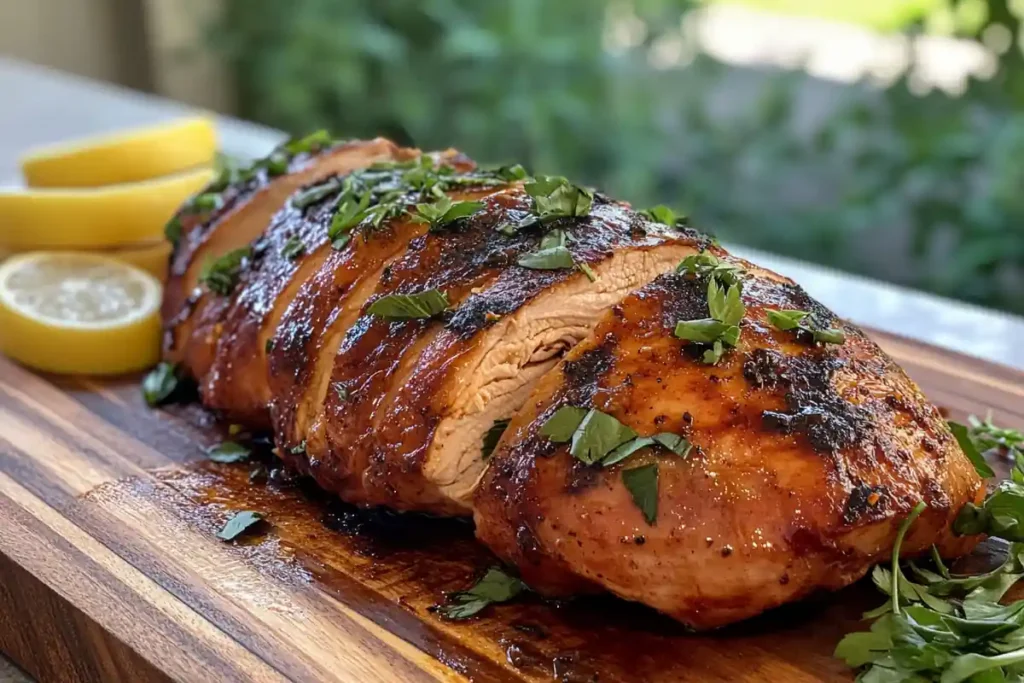 Whole smoked chicken breast with BBQ glaze