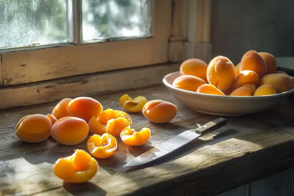 A close-up of hands gently peeling fresh apricots, showcasing the natural beauty of the fruit preparation process.