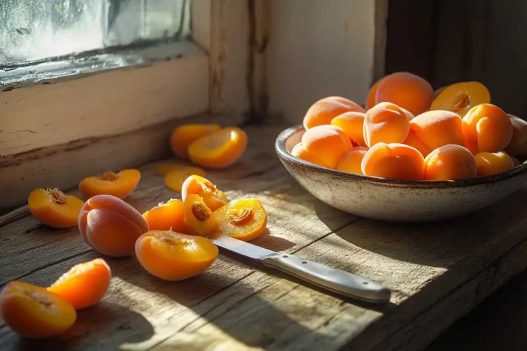 Fresh apricots being peeled by hand, showcasing an easy and natural method for preparing apricots for recipes.