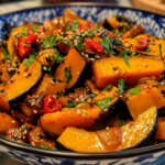 Roasted kabocha squash with soy glaze and sesame seeds.