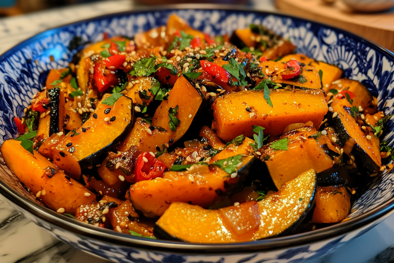 Roasted kabocha squash with soy glaze and sesame seeds.