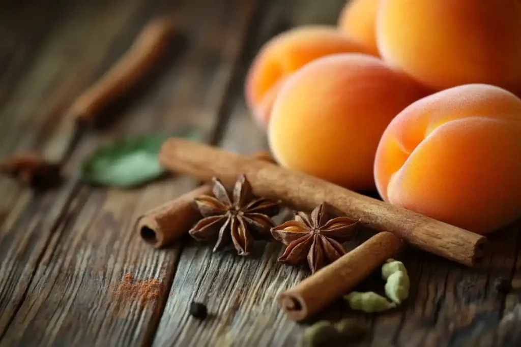 Natural fresh apricots paired with cinnamon sticks on a rustic wooden table, highlighting an earthy and aromatic combination.