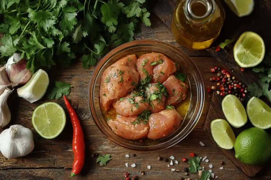 Raw chicken marinating in Mexican spices.