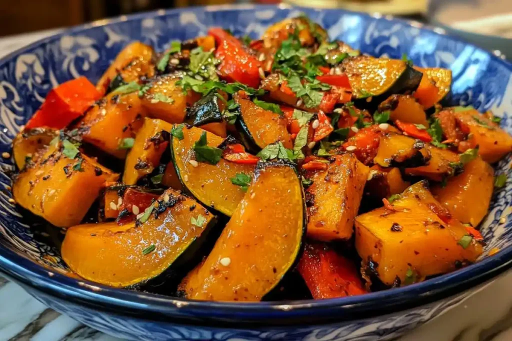 Roasted kabocha squash with its skin intact, beautifully caramelized and seasoned, served on a rustic plate.