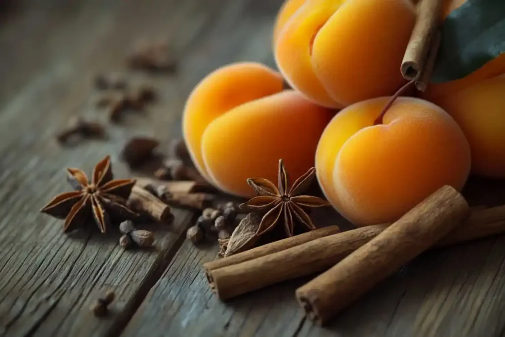 Delicious fresh apricots paired with cinnamon sticks on a rustic wooden table, showcasing a flavorful and aromatic combination.