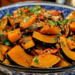 Close-up of roasted kabocha squash slices with crispy, caramelized skin, seasoned with herbs and spices.