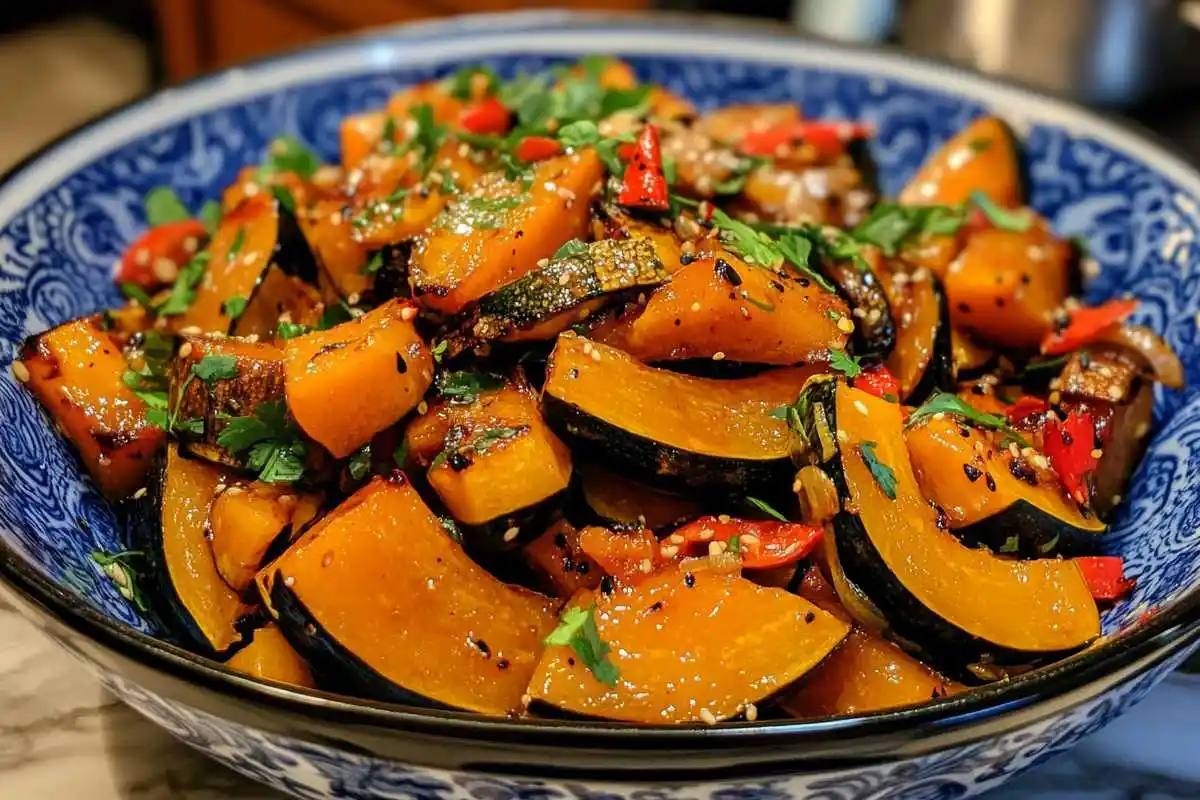 Close-up of roasted kabocha squash slices with crispy, caramelized skin, seasoned with herbs and spices.