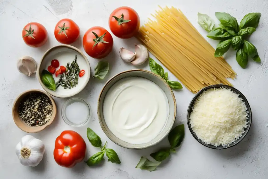 Fresh ingredients for Marry Me Pasta, including sun-dried tomatoes, parmesan, and garlic