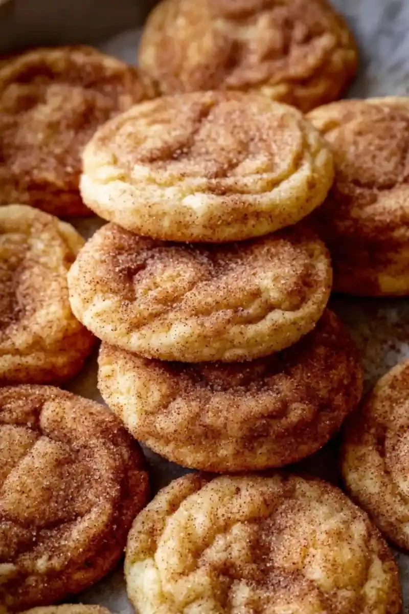 Top view of multiple snickerdoodle cookies with golden edges and cinnamon sugar coating