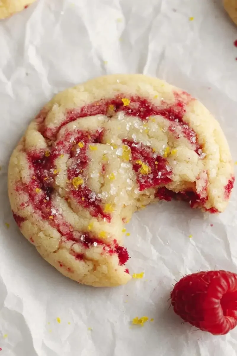 Close-up of a soft lemon raspberry cookie with a bite taken out, swirled with raspberry and sprinkled with sugar and lemon zest