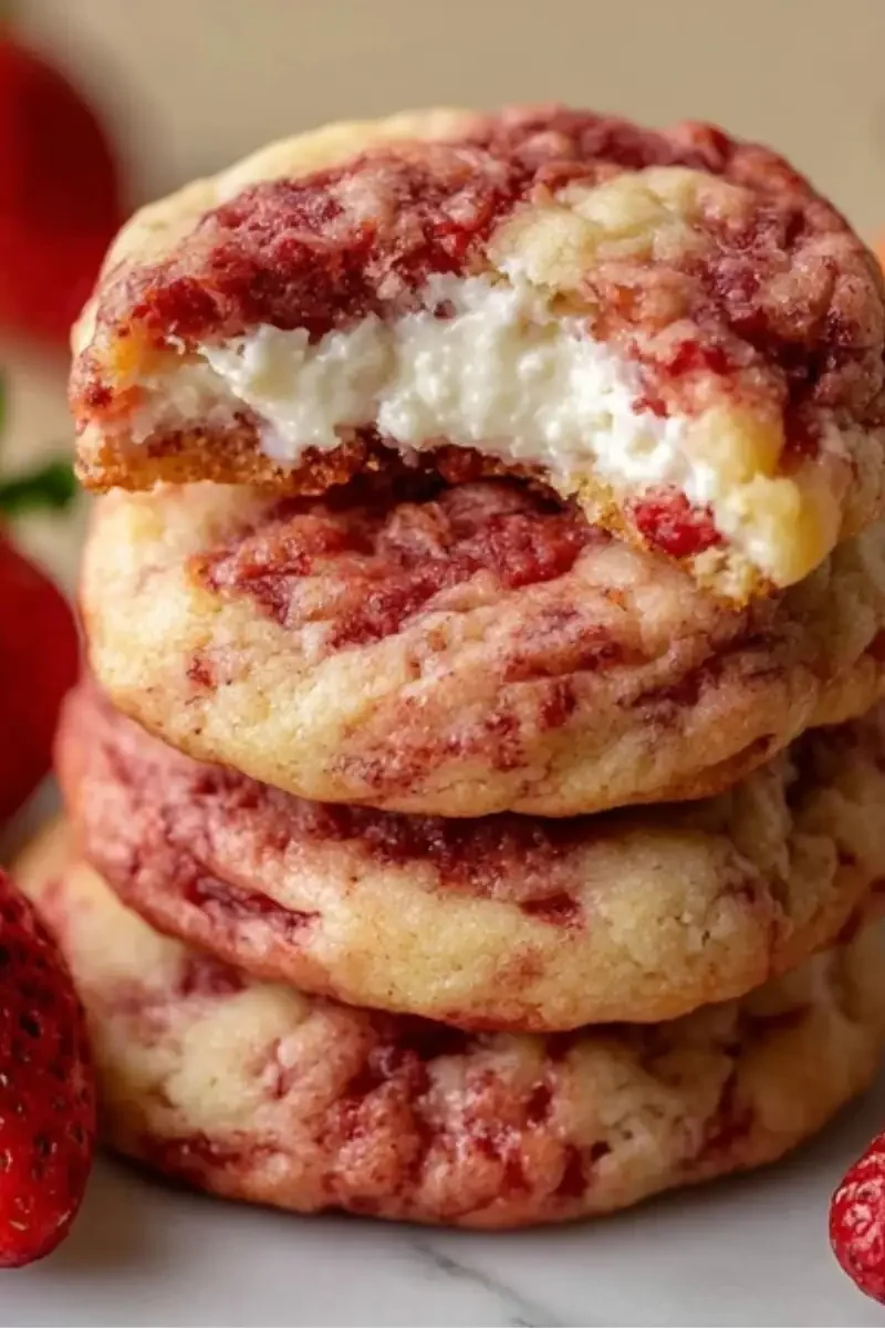 Stack of homemade Strawberry Cheesecake Cookies with a bite taken out, revealing creamy cheesecake filling and real strawberry swirls