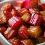 Bowl of caramelized vegan maple-glazed roasted rhubarb with golden-brown and ruby-red pieces