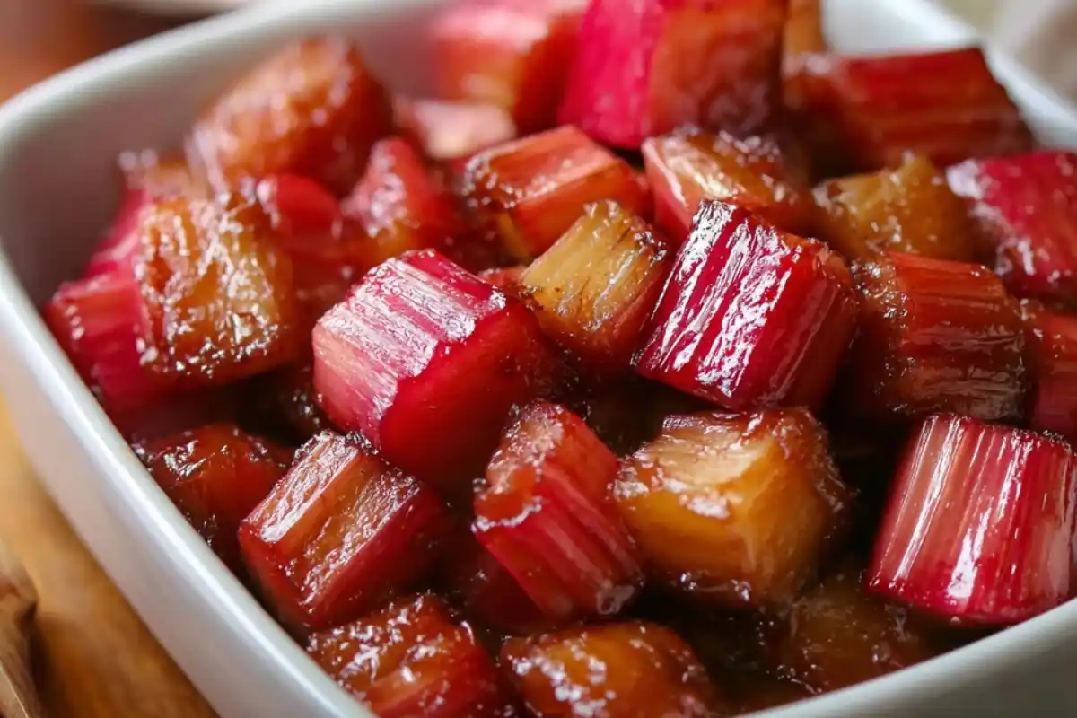 Bowl of caramelized vegan maple-glazed roasted rhubarb with golden-brown and ruby-red pieces