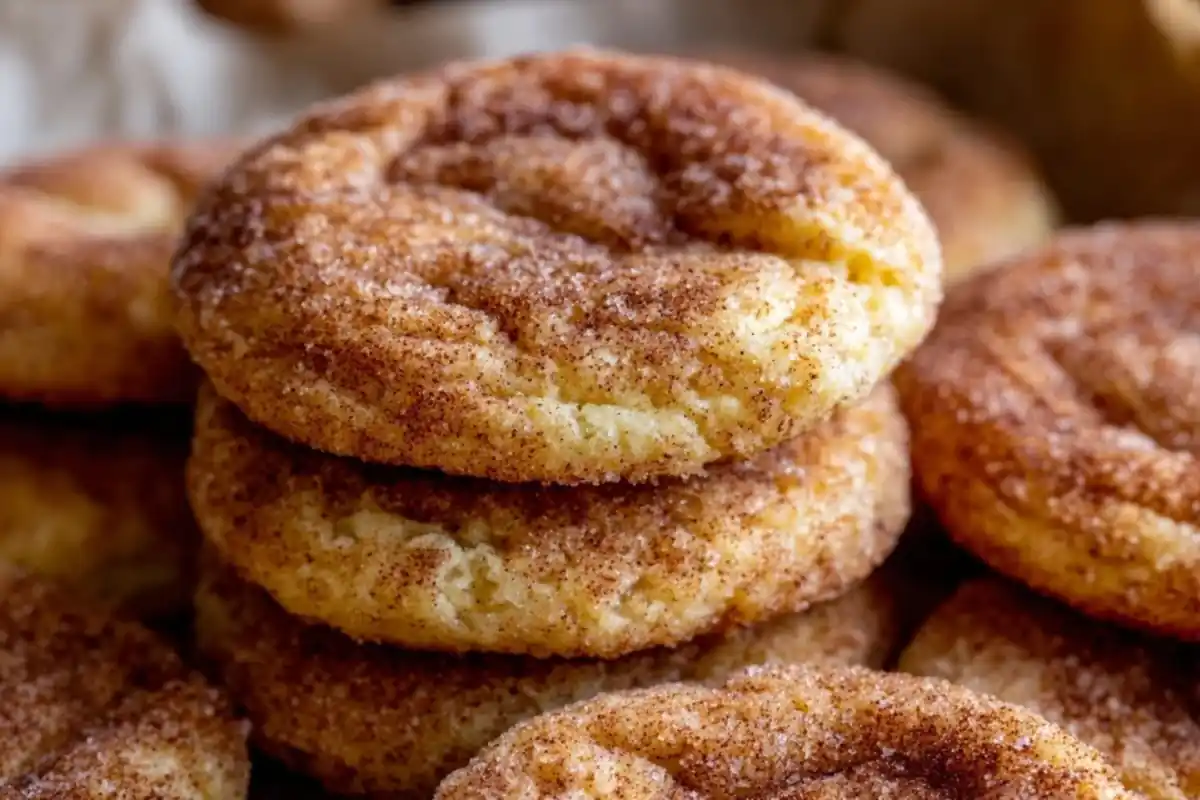 Close-up of stacked snickerdoodle cookies coated in cinnamon sugar, golden and soft