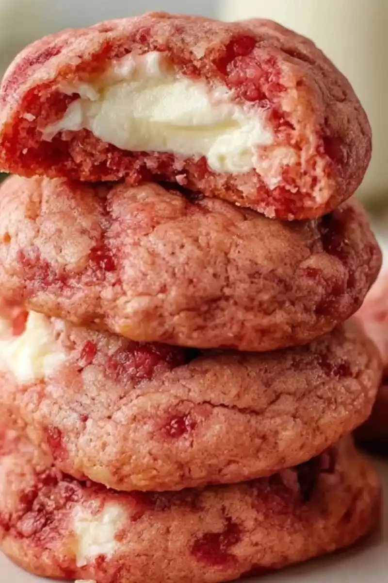 Close-up of creamy Strawberry Cheesecake Cookies showing soft pink cookie exterior and a rich cheesecake filling