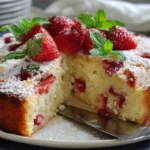 Round french vanilla sponge cake studded with fresh strawberries, dusted with powdered sugar and topped with whole strawberries and mint leaves on a white plate
