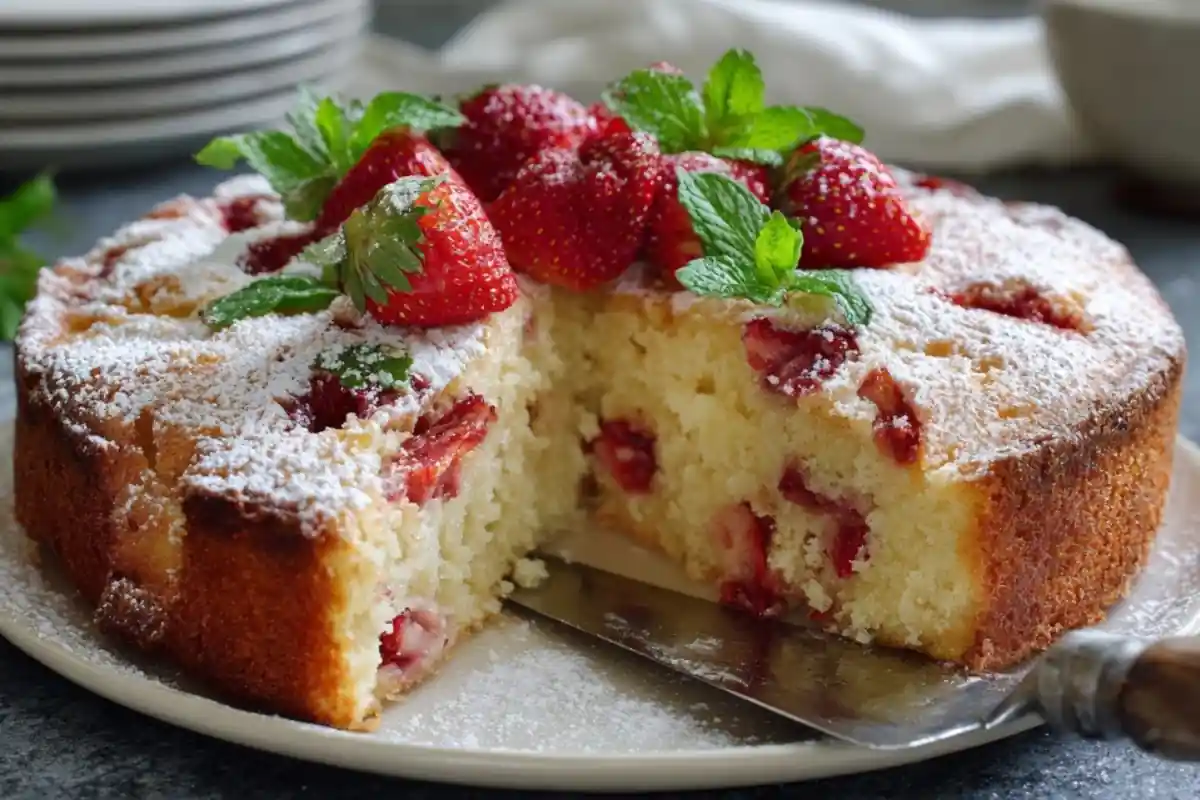 Round french vanilla sponge cake studded with fresh strawberries, dusted with powdered sugar and topped with whole strawberries and mint leaves on a white plate