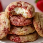 Stack of freshly baked strawberry cheesecake cookies with creamy cheesecake filling and real strawberry pieces