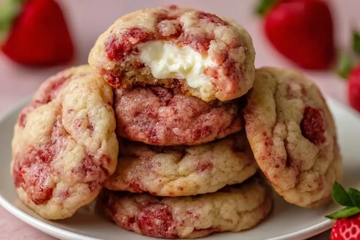 Stack of freshly baked strawberry cheesecake cookies with creamy cheesecake filling and real strawberry pieces