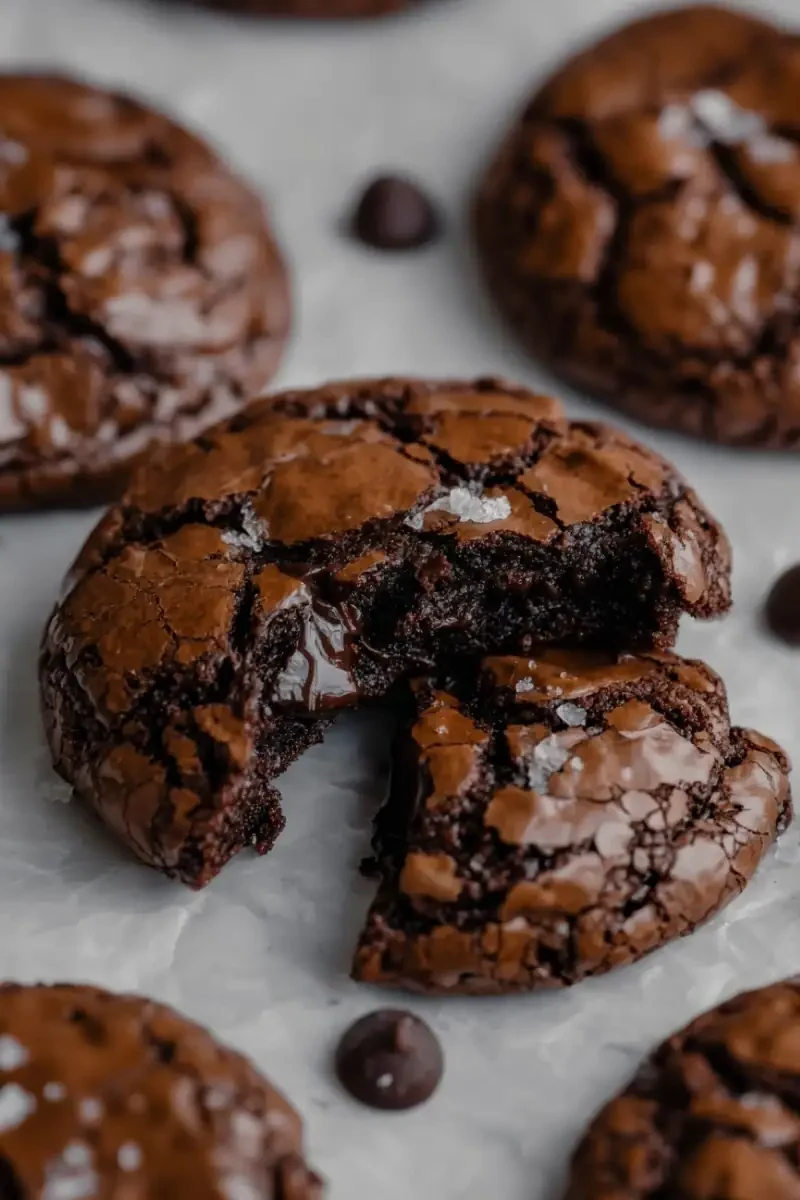 Close-up of homemade brownie cookies with crackly tops, gooey chocolate centers, and scattered chocolate chips on parchment paper