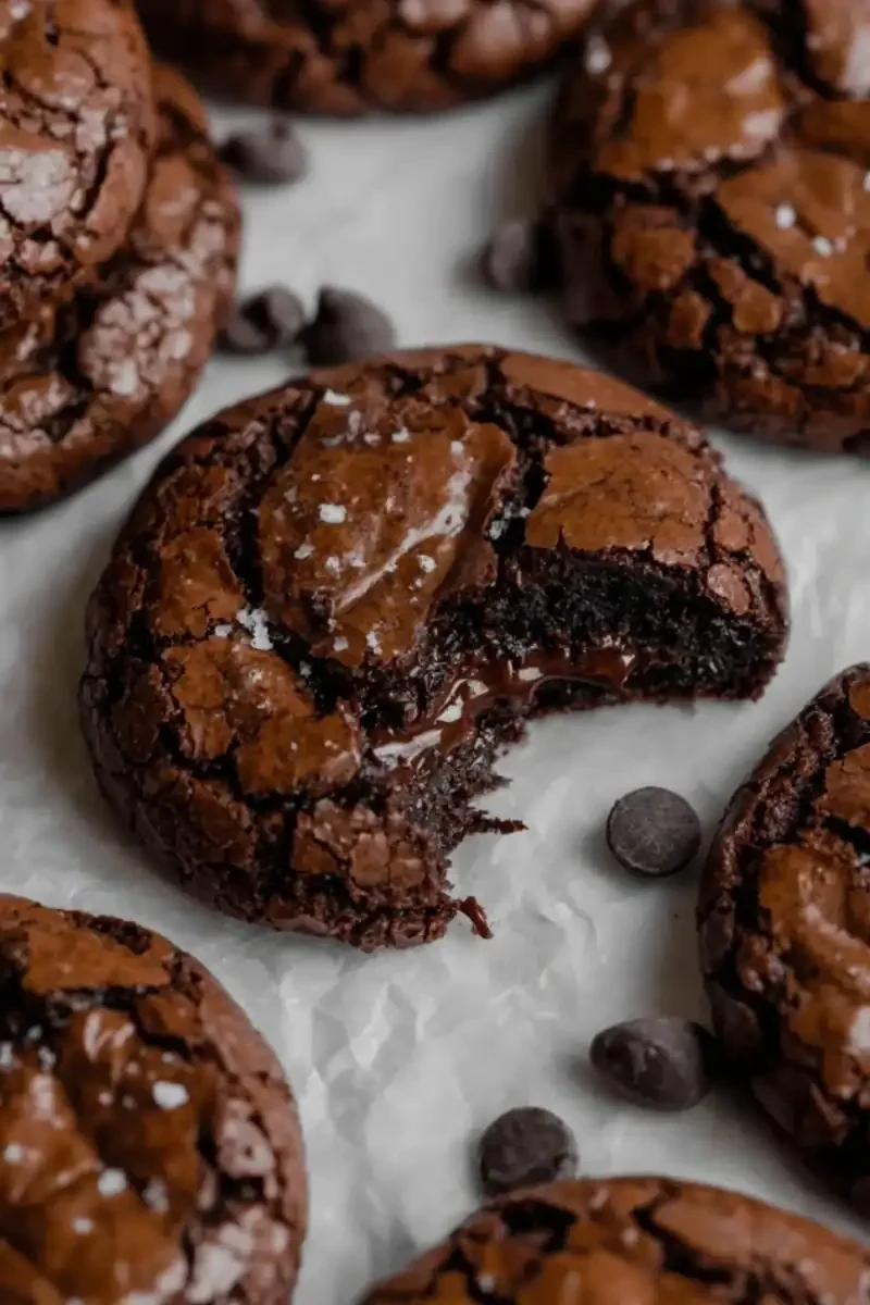 Fudgy homemade brownie cookie with a bite taken out, showing gooey chocolate inside and crackly top, surrounded by chocolate chips