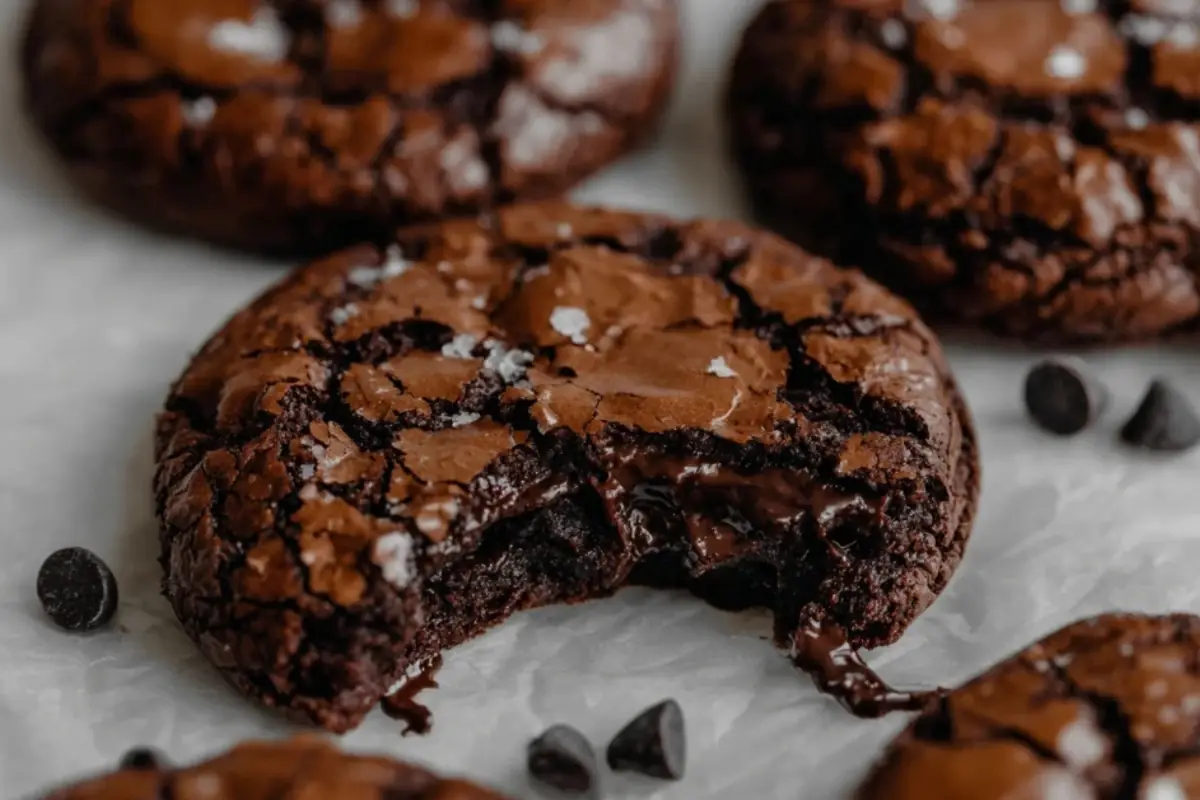 Close-up of fudgy homemade brownie cookies with crackled tops, gooey chocolate centers, and a sprinkle of sea salt on parchment paper