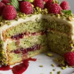 Slice of pistachio raspberry cake with creamy frosting, raspberry jam layers, chopped pistachios, and fresh raspberries
