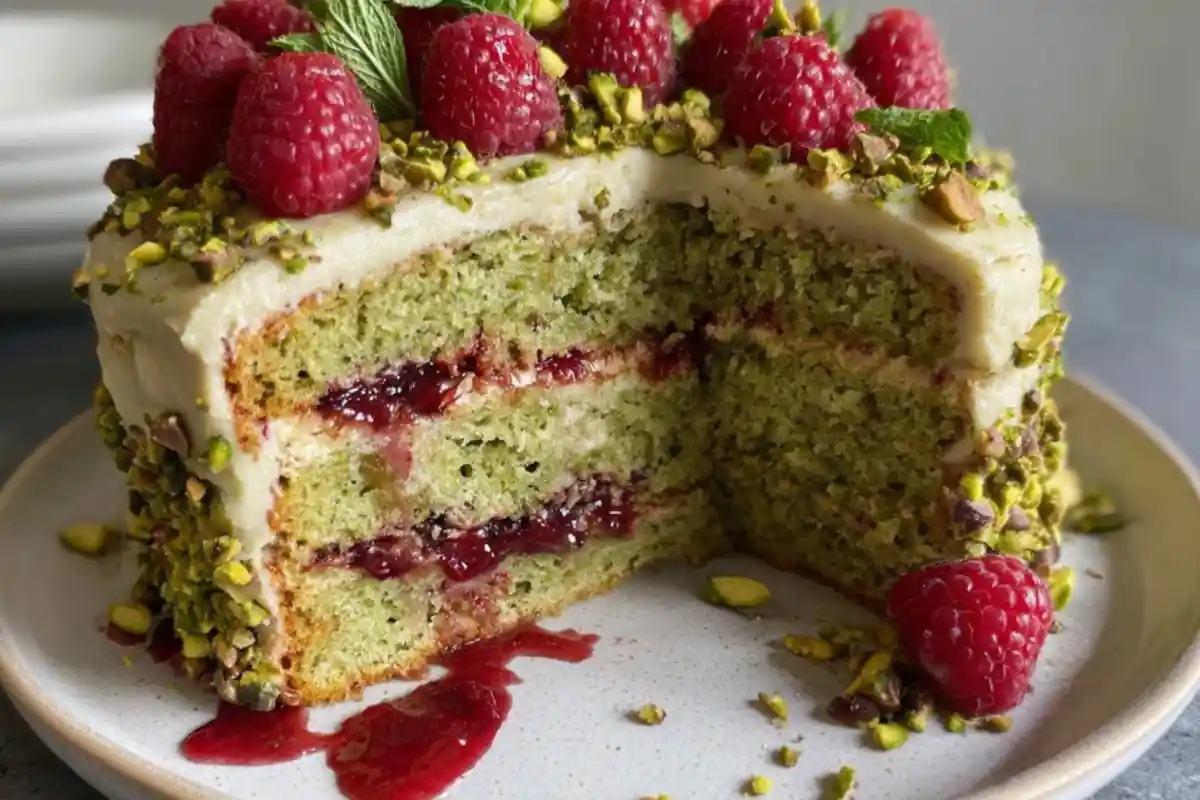 Slice of pistachio raspberry cake with creamy frosting, raspberry jam layers, chopped pistachios, and fresh raspberries