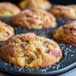 Tray of golden-brown rhubarb muffins with Greek yogurt, studded with pink rhubarb pieces and lightly dusted with sugar