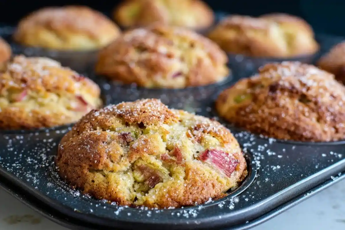 Tray of golden-brown rhubarb muffins with Greek yogurt, studded with pink rhubarb pieces and lightly dusted with sugar