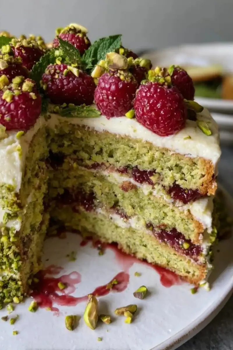 Slice of layered pistachio raspberry cake with jam filling, white frosting, chopped pistachios, and fresh raspberries