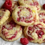 Close-up of lemon raspberry cookies with swirls of fresh raspberries, sprinkled with sugar and lemon zest