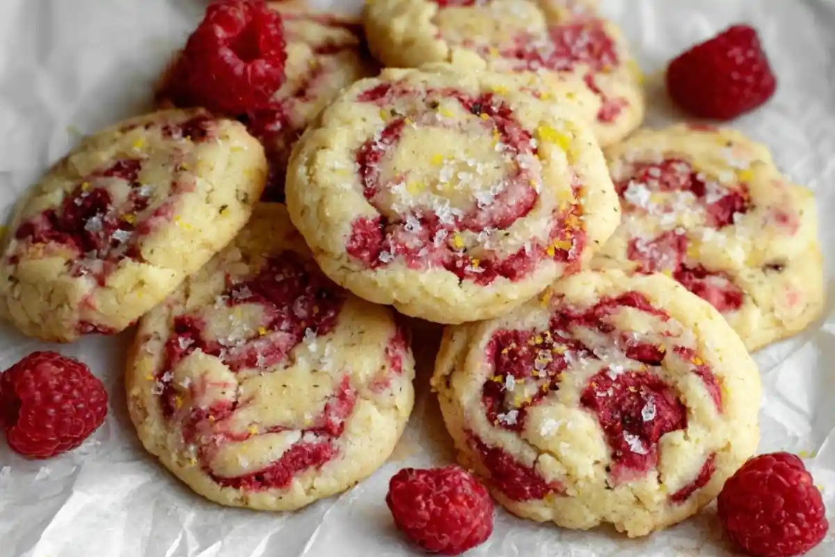 Close-up of lemon raspberry cookies with swirls of fresh raspberries, sprinkled with sugar and lemon zest