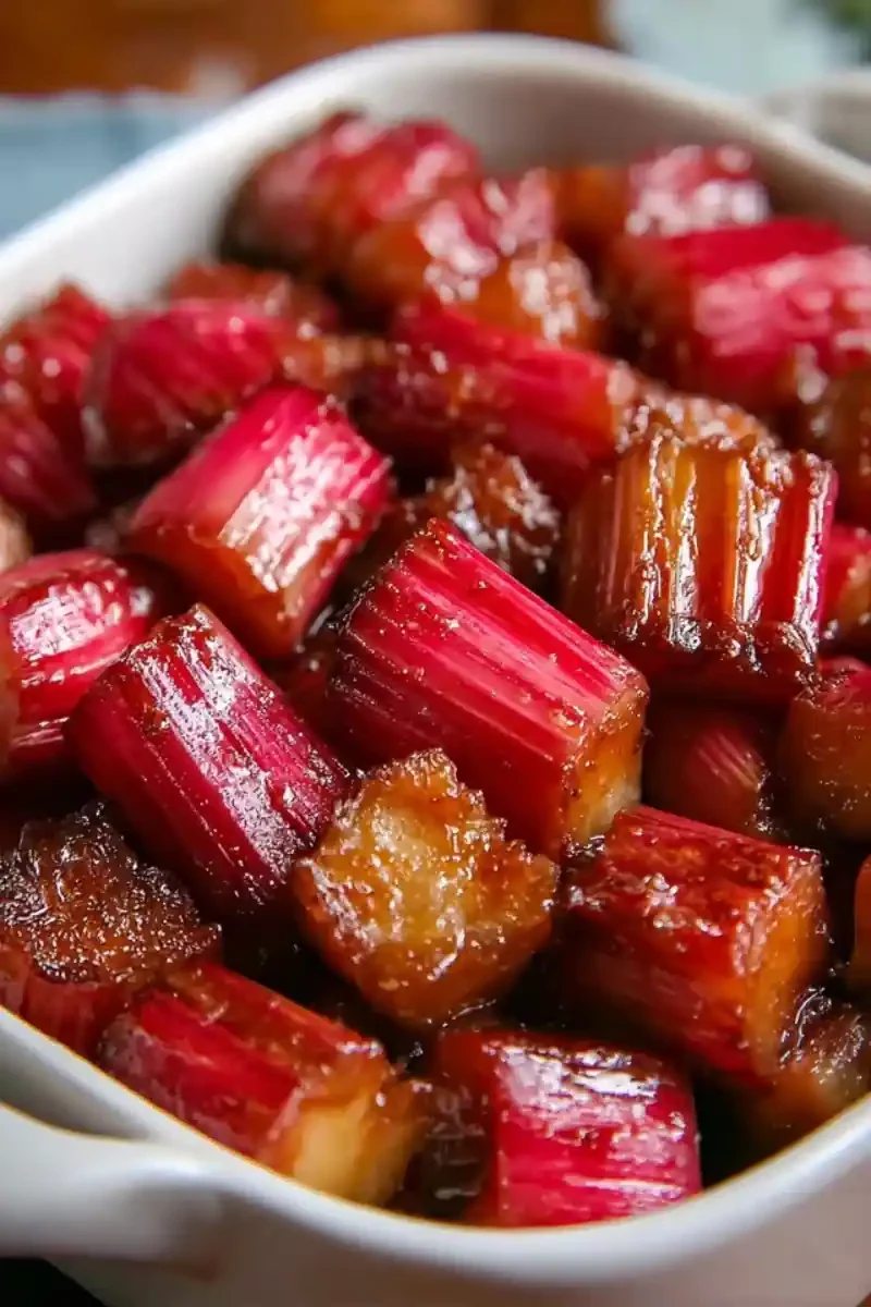 Close-up of vegan maple-glazed roasted rhubarb in a white bowl, caramelized to perfection