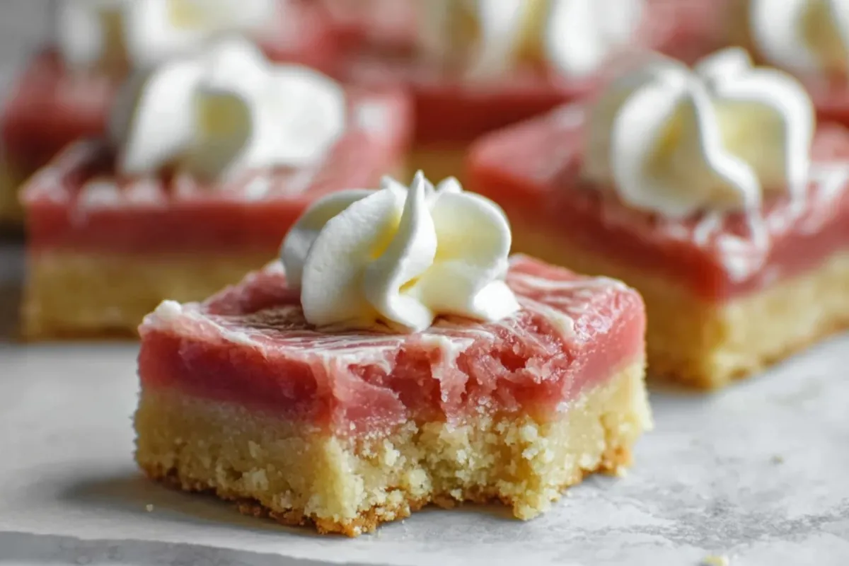 Close-up of square Rhubarb Shortbread Bars with a buttery shortbread base, vibrant pink rhubarb layer, and a swirl of whipped cream on top