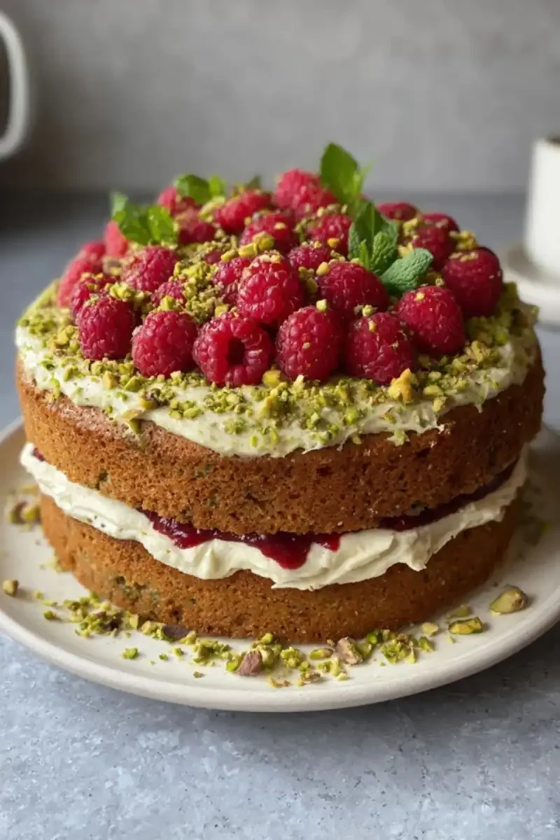 Layered pistachio raspberry cake topped with fresh raspberries, crushed pistachios, and mint leaves on a plate