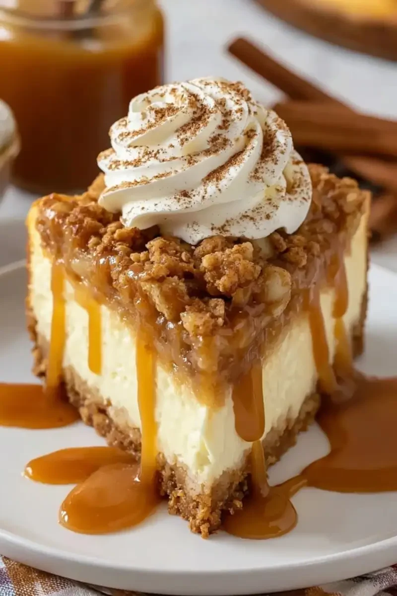 Apple crisp cheesecake topped with whipped cream, cinnamon, and caramel sauce on a white plate