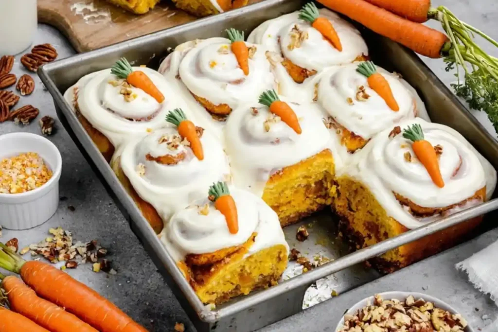Frosted carrot cake cinnamon rolls in a baking pan topped with cream cheese icing and decorative fondant carrots
