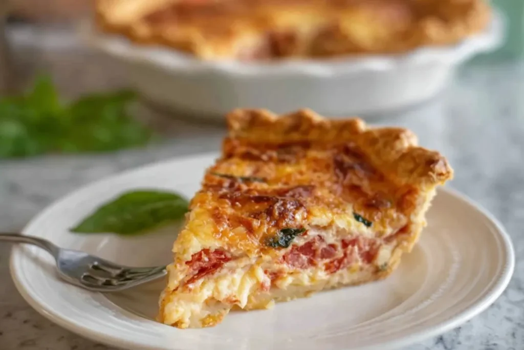 A hearty slice of easy tomato pie with layers of tomatoes, cheese, and herbs on a white plate