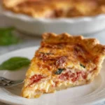 A hearty slice of easy tomato pie with layers of tomatoes, cheese, and herbs on a white plate