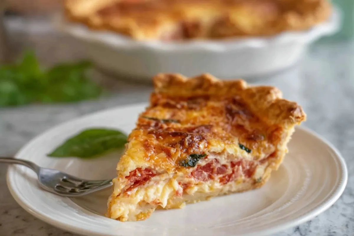 A hearty slice of easy tomato pie with layers of tomatoes, cheese, and herbs on a white plate
