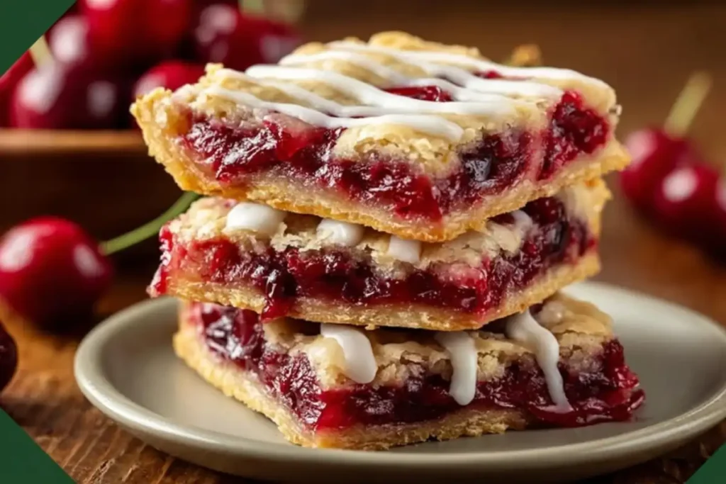 Stack of cherry orchard pie bars filled with sweet cherry filling and topped with vanilla glaze