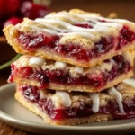 Stack of cherry orchard pie bars filled with sweet cherry filling and topped with vanilla glaze
