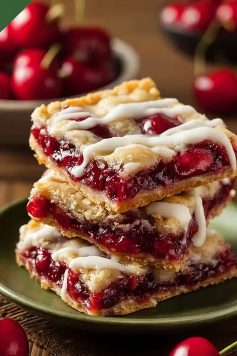 Cherry orchard pie bars with golden crust, cherry filling, and vanilla icing on a green plate