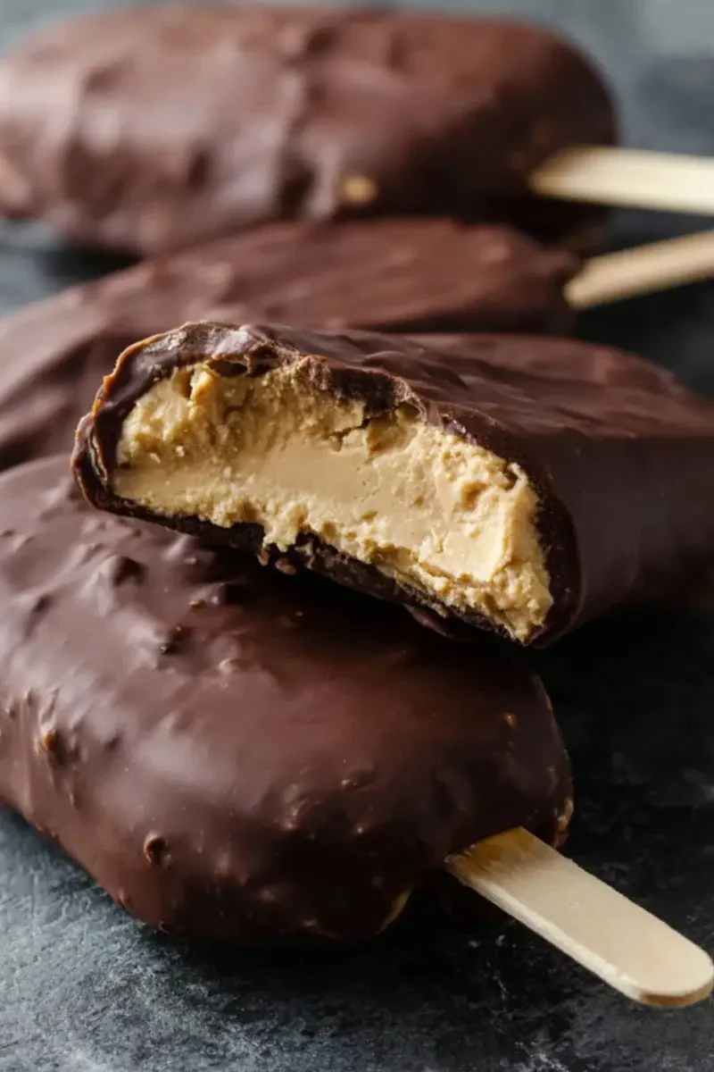 Peanut butter frozen yogurt bars covered in chocolate with a creamy bite revealing the rich filling.