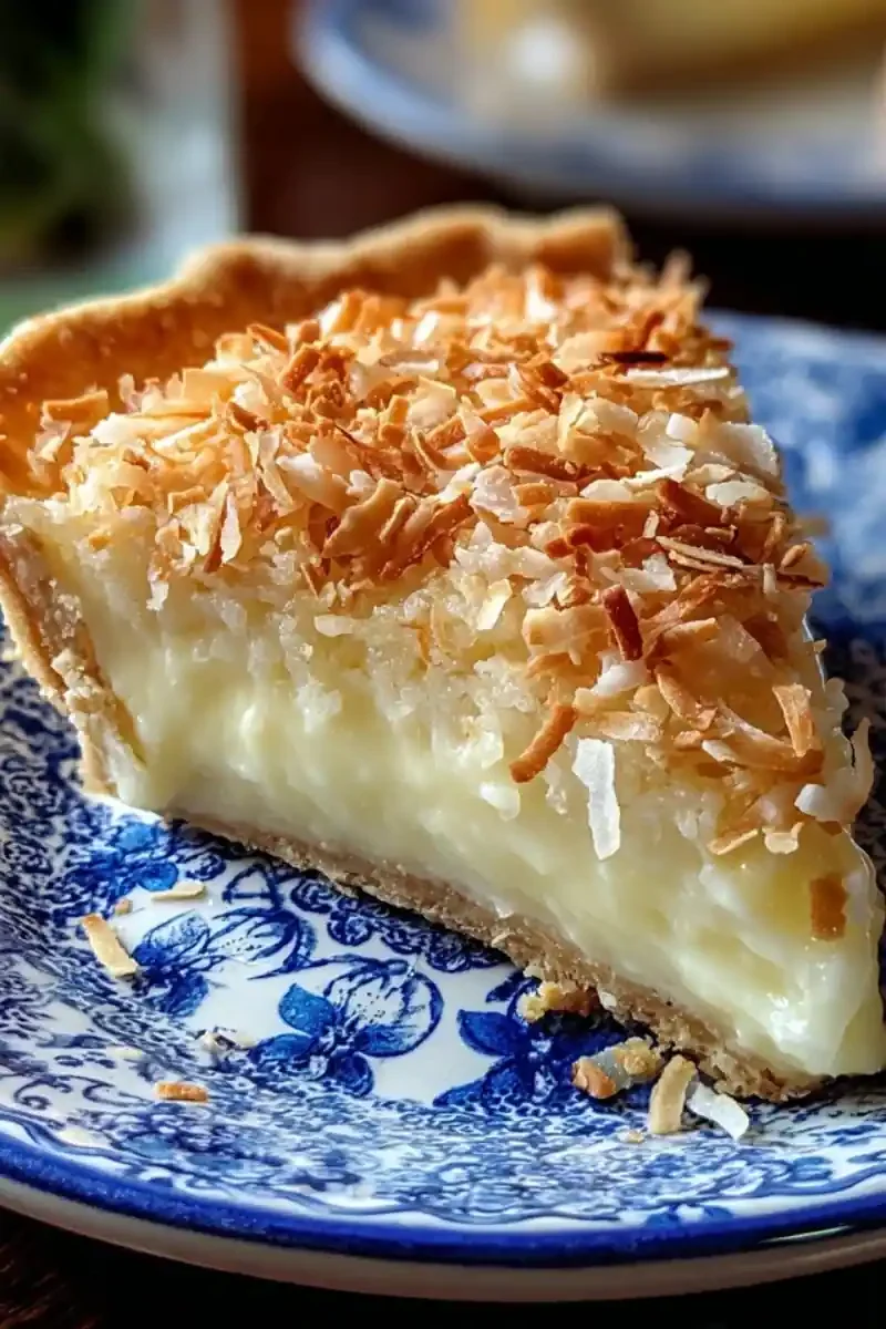 Close-up of a creamy French Coconut Pie slice topped with golden toasted coconut on a decorative blue plate